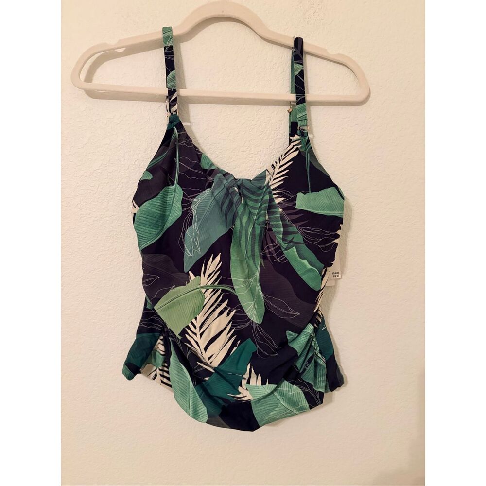 Jantzen Tropical Leaf Tankini Top Size 8 Green Black Adjustable Straps Swim Top